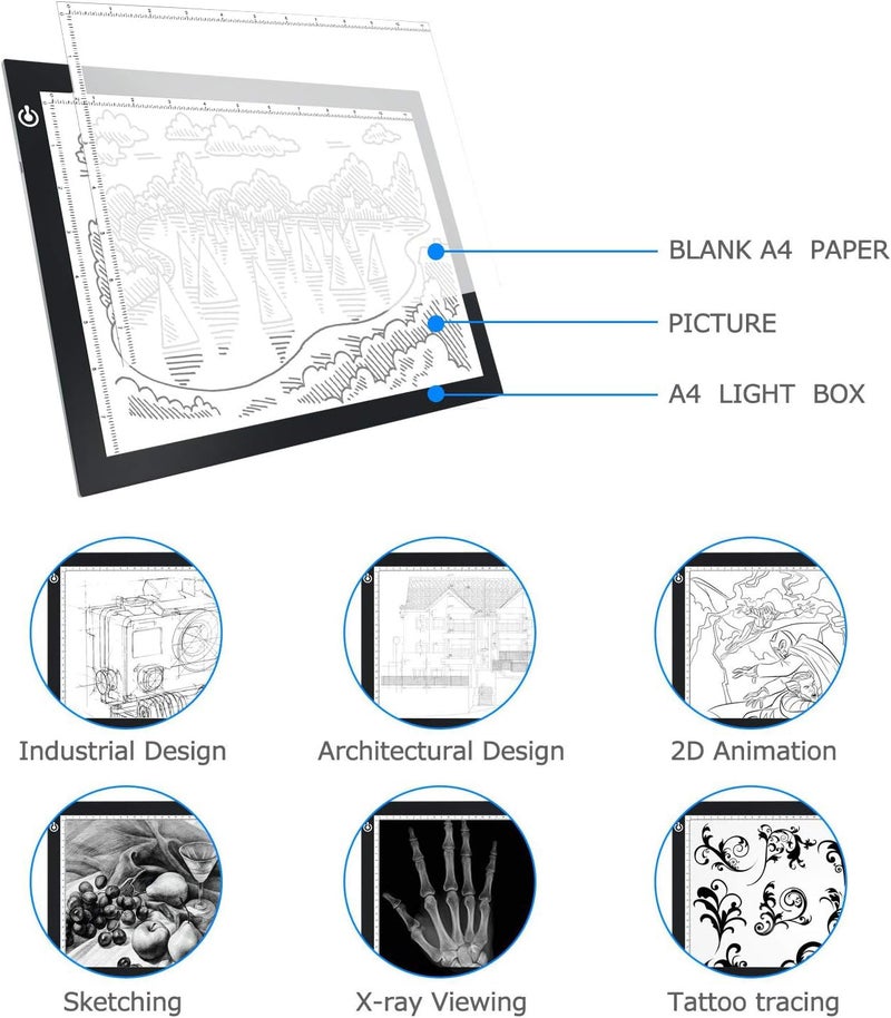 LooEooDoo Black A4 Dimmable LED Artcraft Light Box Tracer Slim Light Pad Portable Tablet, USB Power Cable Copy Drawing Board Tracing Table for Artists Designing, Animation, Sketching, Stenciling X-ray Viewing - Image 4